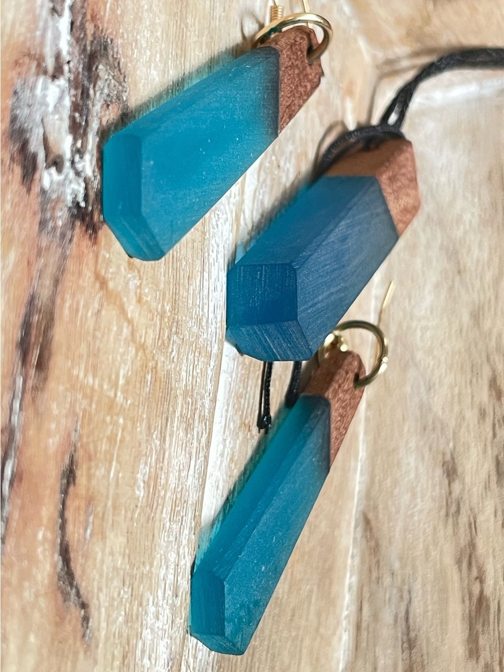 Handmade Wood and Resin Geometric Necklace & Earrings Set in Teal Blue Sea Blue
